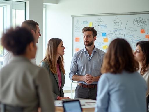 Diverse team members engaged in a creative brainstorming session at Viaggi Serena